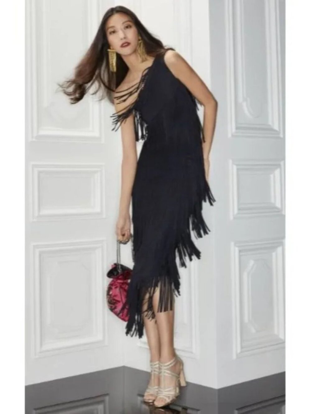 Chiara Boni La Petite Robe Black Lula Gown Tassel Midi Dress Size 2